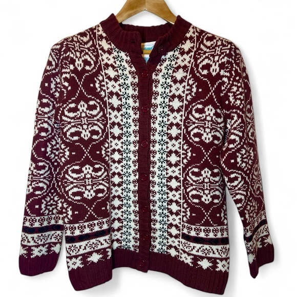Vintage National‎ Women S Red Wine Fair Isle Style Long Sleeve Button Cardigan - Picture 1 of 4